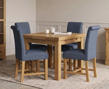 Extending buxton 90cm solid oak dining table with 4 blue braced chairs