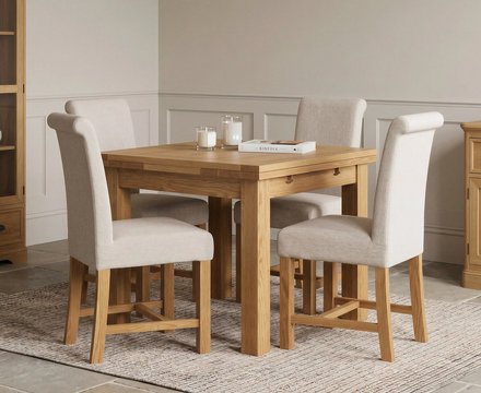 Extending buxton 90cm solid oak dining table with 4 natural braced chairs