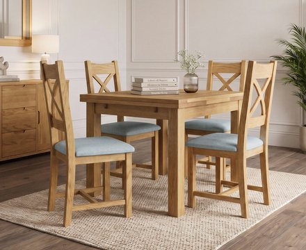 Extending buxton 90cm solid oak dining table with 4 blue natural solid oak chairs