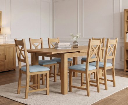 Extending buxton 90cm solid oak dining table with 6 blue natural solid oak chairs