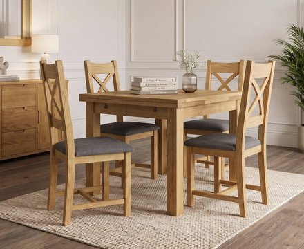 Extending buxton 90cm solid oak dining table with 4 charcoal grey natural solid oak chairs