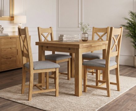 Extending buxton 90cm solid oak dining table with 4 light grey natural solid oak chairs