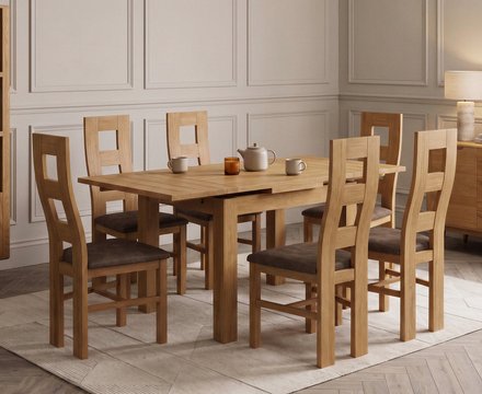 Extending buxton 90cm solid oak dining table with 6 brown natural chairs