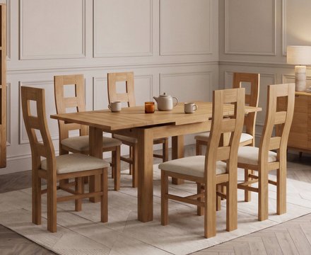Extending buxton 90cm solid oak dining table with 6 linen natural chairs