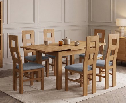Extending buxton 90cm solid oak dining table with 6 blue natural chairs