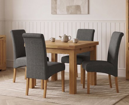 Extending buxton 90cm solid oak dining table with 4 charcoal grey scroll back chairs