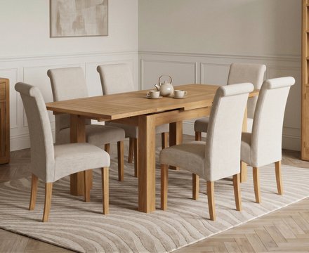 Extending buxton 90cm solid oak dining table with 6 natural scroll back chairs