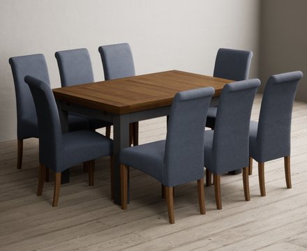 Extending buxton 140cm oak and charcoal grey dining table with 8 blue scroll back chairs