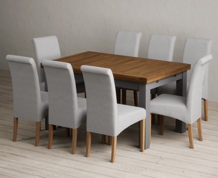 Extending buxton 140cm oak and charcoal grey dining table with 8 grey scroll back chairs