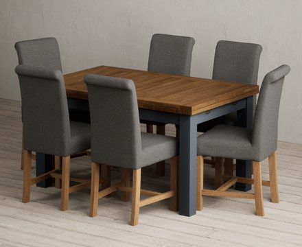 Extending buxton 140cm oak and dark blue dining table with 6 charcoal grey braced chairs