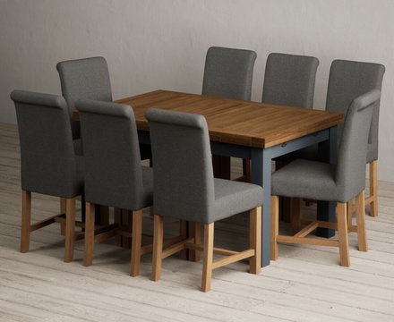 Extending buxton 140cm oak and dark blue dining table with 8 charcoal grey braced chairs