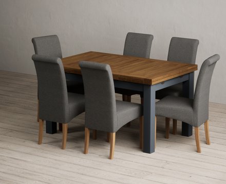 Extending buxton 140cm oak and dark blue dining table with 6 charcoal grey scroll back chairs