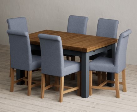 Extending buxton 140cm oak and dark blue dining table with 6 blue braced chairs