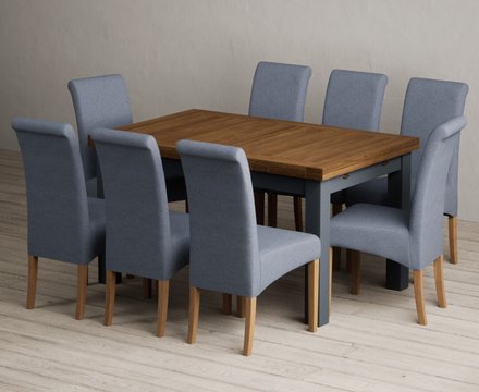 Extending buxton 140cm oak and dark blue dining table with 8 blue scroll back chairs