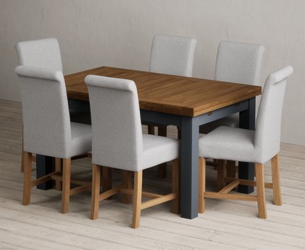 Extending buxton 140cm oak and dark blue dining table with 6 grey braced chairs