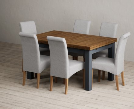 Extending buxton 140cm oak and dark blue dining table with 6 grey scroll back chairs