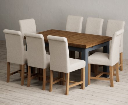 Extending buxton 140cm oak and dark blue dining table with 8 natural braced chairs