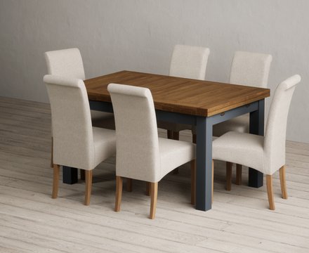 Extending buxton 140cm oak and dark blue dining table with 6 natural scroll back chairs