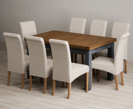 Extending buxton 140cm oak and dark blue dining table with 8 natural scroll back chairs