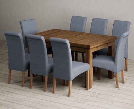 Extending buxton 140cm rustic solid oak dining table with 8 blue scroll back chairs