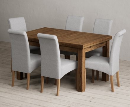 Extending buxton 140cm rustic solid oak dining table with 6 grey scroll back chairs