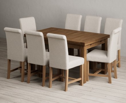Extending buxton 140cm rustic solid oak dining table with 8 natural braced chairs