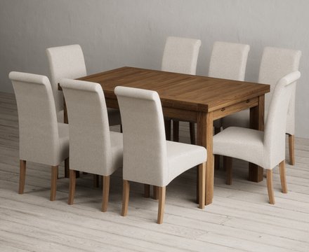 Extending buxton 140cm rustic solid oak dining table with 8 natural scroll back chairs