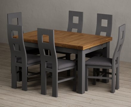 Extending buxton 140cm oak and charcoal grey dining table with 6 charcoal grey painted chairs