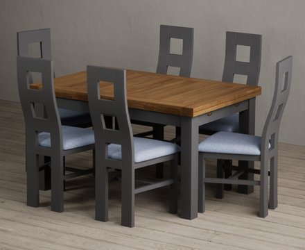Extending buxton 140cm oak and charcoal grey dining table with 6 blue painted chairs