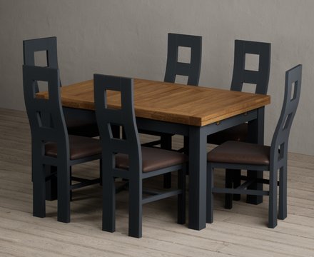 Extending buxton 140cm oak and dark blue dining table with 6 brown painted chairs