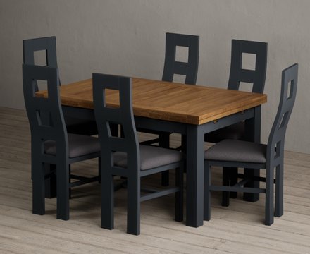 Extending buxton 140cm oak and dark blue dining table with 6 charcoal grey painted chairs