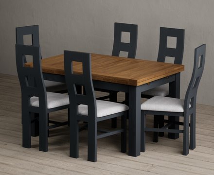 Extending buxton 140cm oak and dark blue dining table with 6 light grey painted chairs