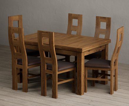 Extending buxton 140cm rustic solid oak dining table with 6 brown rustic solid oak chairs
