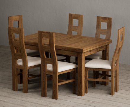 Extending buxton 140cm rustic solid oak dining table with 6 linen rustic solid oak chairs