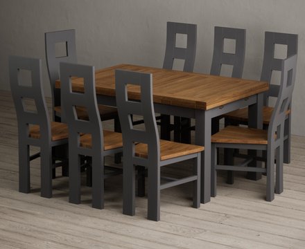 Extending buxton 140cm oak and charcoal grey dining table with 8 rustic oak painted chairs