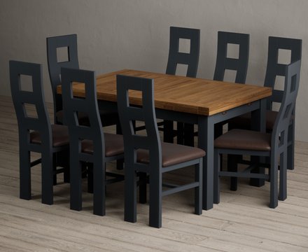 Extending buxton 140cm oak and dark blue dining table with 8 brown painted chairs