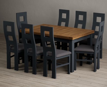 Extending buxton 140cm oak and dark blue dining table with 8 charcoal grey painted chairs