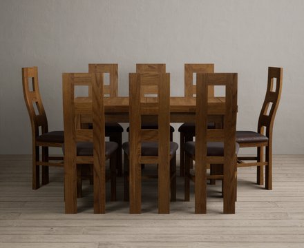 Extending buxton 140cm rustic solid oak dining table with 8 brown rustic solid oak chairs
