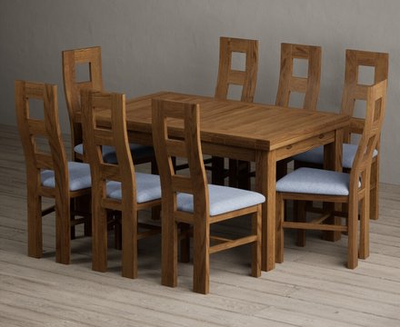 Extending buxton 140cm rustic solid oak dining table with 8 blue rustic solid oak chairs