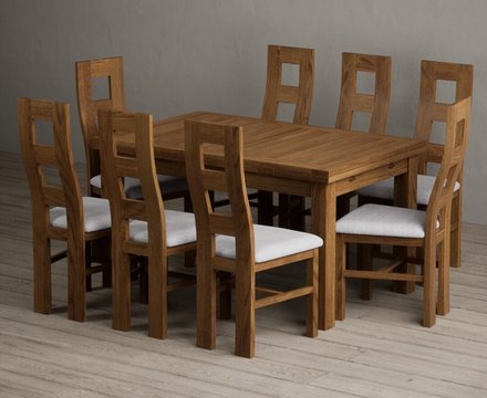 Extending buxton 140cm rustic solid oak dining table with 8 light grey rustic solid oak chairs