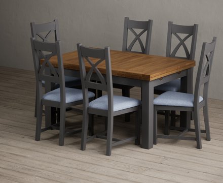 Extending buxton 140cm oak and charcoal grey dining table with 6 blue painted chairs