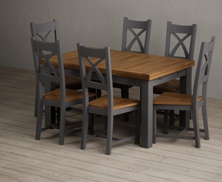 Extending buxton 140cm oak and charcoal grey dining table with 6 rustic oak painted chairs