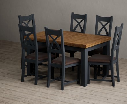 Extending buxton 140cm oak and dark blue dining table with 6 brown painted chairs