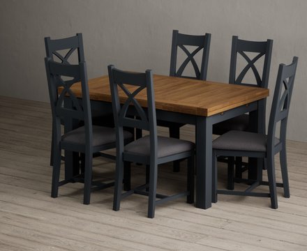 Extending buxton 140cm oak and dark blue dining table with 6 charcoal grey painted chairs