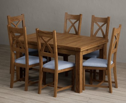 Extending buxton 140cm rustic solid oak dining table with 6 blue rustic solid oak chairs
