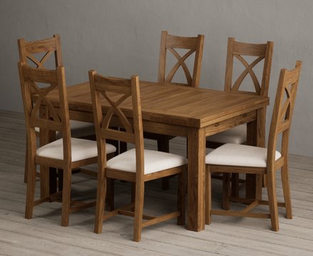 Extending buxton 140cm rustic solid oak dining table with 6 linen rustic solid oak chairs