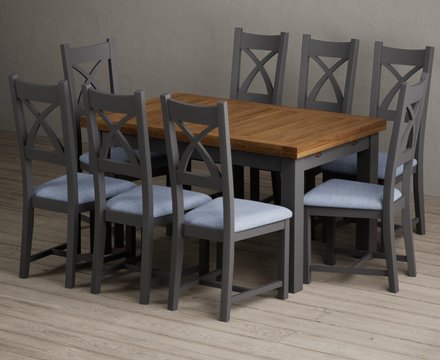 Extending buxton 140cm oak and charcoal grey dining table with 8 blue painted chairs