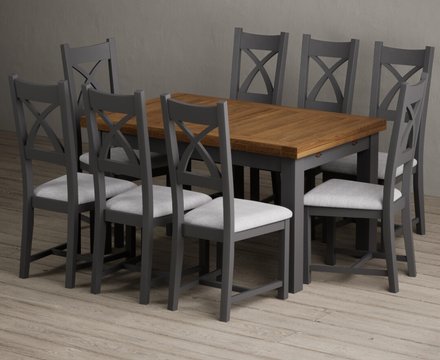 Extending buxton 140cm oak and charcoal grey dining table with 8 light grey painted chairs