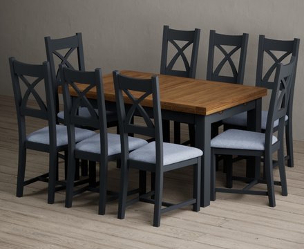 Extending buxton 140cm oak and dark blue dining table with 8 blue painted chairs