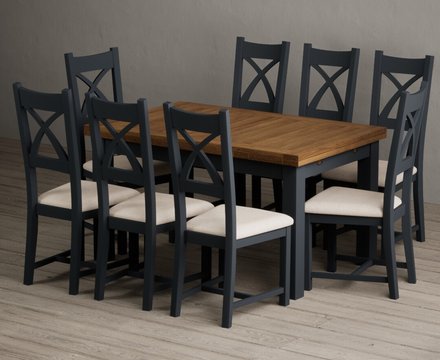 Extending buxton 140cm oak and dark blue dining table with 8 linen painted chairs